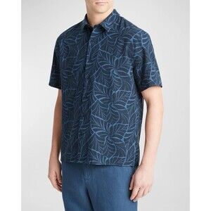 NEW Vince Mens Size XL Blue Indigo Linen Blend Palm Leaf Collared Shirt $225